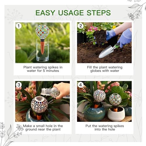 VOREEN Mosaic Plant Watering Globes with Terracotta Spikes, Decorative Glass Watering Globes for Potted Plants, Garden Accent & Thoughtful Gift, Set of 2 - Image 4