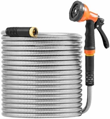 Stainless Steel Garden Hose 100 ft, Metal Hose Heavy Duty, No Kink Flexible Water Hose with 10 Function Nozzle, Lightweight Outdoor Hose for Yard by Unknown