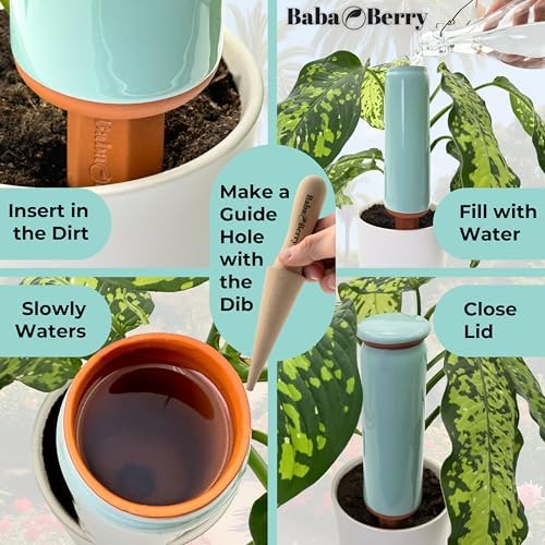 Terracotta Watering Spikes 2 Pack 17.5oz Capacity Plant Watering Devices Self Watering Spikes Large Plant Watering Globes Self Watering Planter Insert AcquaTerra with Root Dibber Installer - Image 2