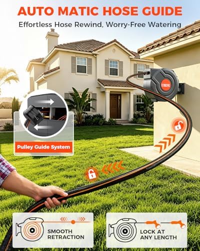 130 ft x 1/2 inch Retractable Garden Hose Reel PRO Metal Bracket Any Length Lock 9 Pattern Nozzle Wall-Mounted Automatic Slow Return 180° Swivel UV Resistant Heavy Duty Hose Reels for Outside - Image 4