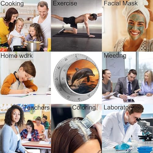 Mechanical Kitchen Timers for Cooking,Dusk Dolphin Printed 60 Minute Magnetic Countdown Timer,Cute Cooking Timers with Alarm,Stainless Steel Time Timer Manual No Batteries Required - Image 5