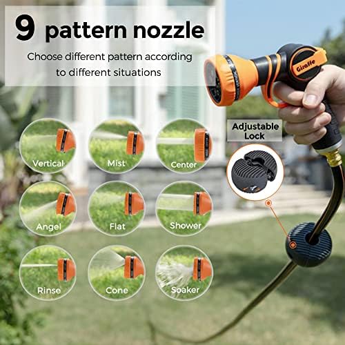 Giraffe Tools Hybrid Garden Hose 75ft x 5/8",Male and Female Fittings,Flexible,Heavy Duty and Metal Retractable Hose Reel 130FT Wall Mounted Heavy Duty Hose Reel with 9 Pattern Nozzle 180 Deg Swivel - Image 5