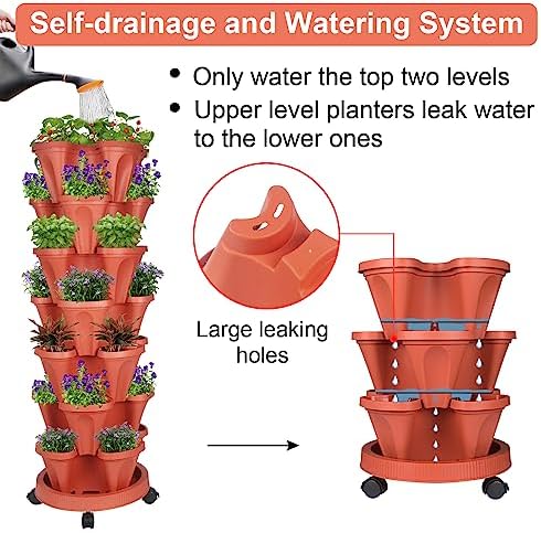 GameXcel Vertical Planter Tower - 7 Tier Stackable Garden Planters with Wheels and Tools Plant Pots for Strawberry Herb Flower and Vegetable Indoor Outdoor Use Red 2 Pack - Image 4