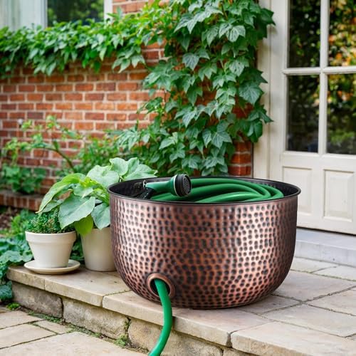 Monarch Abode Garden Hose Holder with Lid – Decorative Water Hose Holders for Outside, Hand Hammered Metal Antique Copper Pot with Drainage, 100ft Waterhose Holder for Outside, Garden Storage Caddy - Image 6