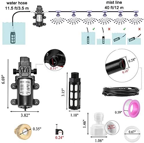Misting Cooling System with Pump Filter Kit,40FT/12M Mist Hose 16 Brass Mist Nozzle 116 PSI 5L/Min DIY for Outdooor Patio Porch Greenhouse Backyard - Image 2