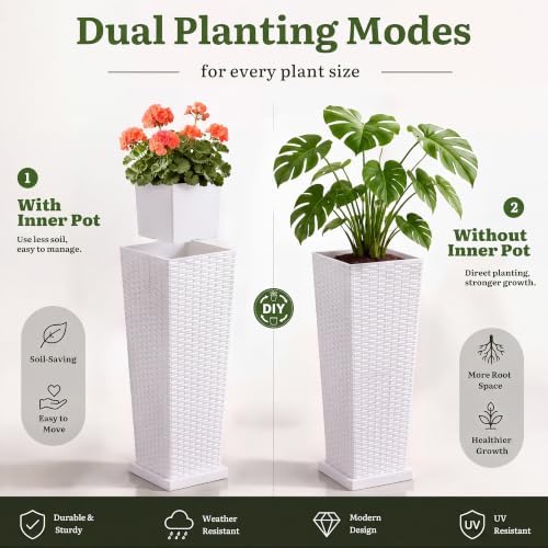YITAHOME 2pcs Tall Planters 24" with Detachable Inner Pot, Outdoor Planter - Image 4