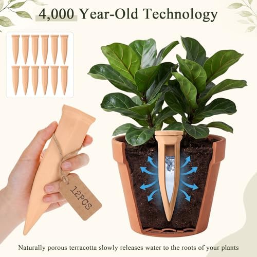 12 Pack Terracotta Watering Spikes with Lids Plant Watering Spikes Automatic Plant Waterer Devices Outdoor Indoor Vacation Friendly Slow Release Self Waterer Planter Insert(Large) - Image 4