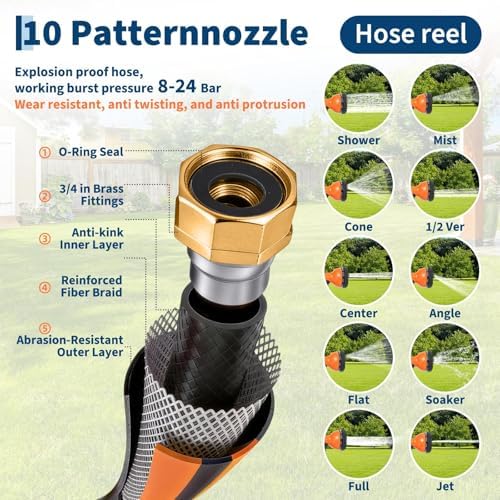 Garvee Retractable Garden Hose Reel 1/2'' 130FT, Auto Rewind Hose with 10 Pattern Nozzle, Lock Any Length Water Hose, Wall Mounted 180° Swivel Bracket, 3-Layer PVC Hose with Brass Couplings - Image 7