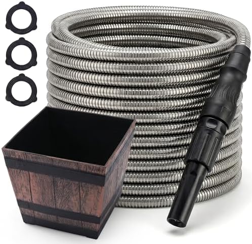 Bernini 40-Ft Metal Garden Hose with Storage Pot, Heavy-Duty, Flexible and Expandable Garden Hose, Kink-Free Stainless Steel, Includes Spray Nozzle & Brass Fittings by BerniniFountains