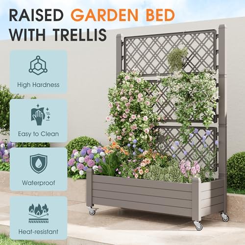 Resin Raised Garden Bed with Trellis and Wheels - Plasitc Planter Box with Trellis Outdoor with Drainage Holes & Water Monitor for Climbing Plants, Flower, Medium Gray(61.2" H) - Image 5