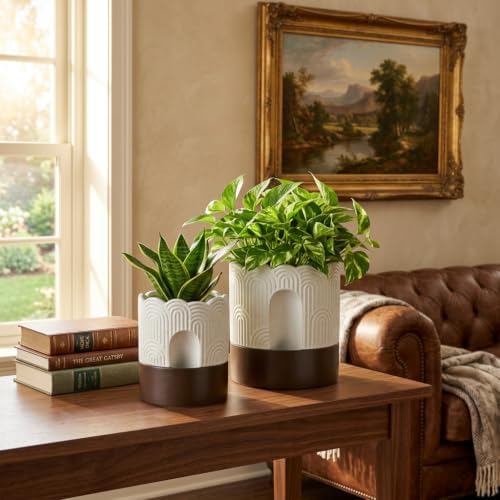 Nihow Ceramic Self Watering Pots for Indoor Plants, 8 Inch,Beige Brown - Image 6