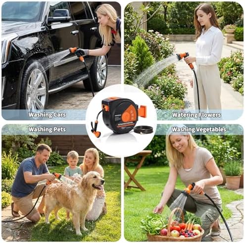 Heavy Duty Retractable Garden Hose Reel, 1/2" x 130ft Wall Mounted with 10-Function Sprayer Nozzle & Automatic Rewind - Image 7