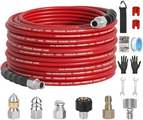 50FT Sewer Jetter Kit for Pressure Washer 5800PSI,1/4" NPT Drain Jetter Hose with 1/4" Quick Plug，3 Sewer Jet Nozzles，Spanners Teflon Tape Gloves and Spray Nozzle for Cleaning by VividWash