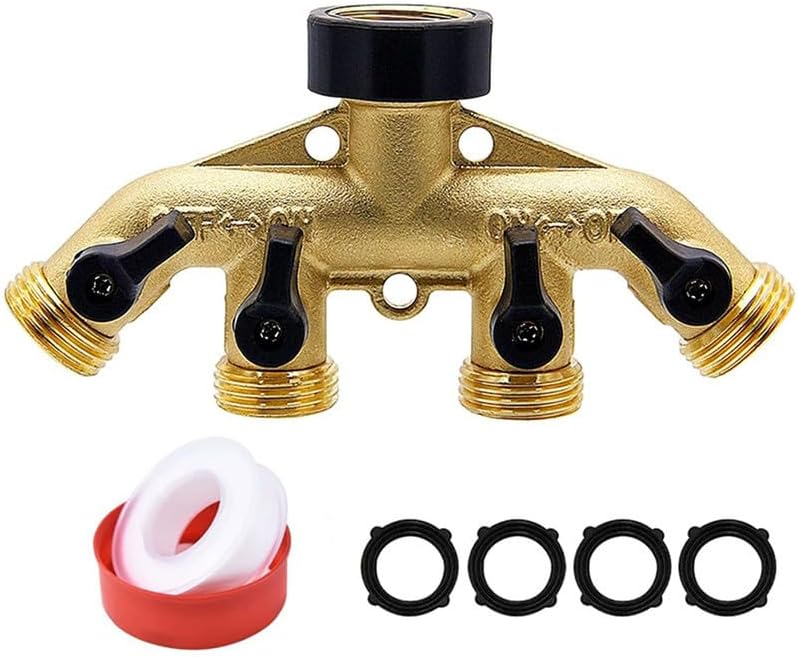 4 Way Brass Hose Splitter with Independent Shut-Off Valves, 3/4" Solid Brass Garden Hose Manifold, Heavy Duty Faucet Adapter for Lawn Sprinkler & Drip Irrigation by Unknown