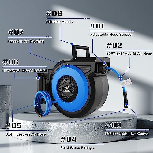 80FT + 6.5FT Retractable Air Hose Reel, Wall Mount Pneumatic Hose Reel for Garage Workshop, Automatic Rewind, 3/8" x 80' Hybrid Air Hose with Brass Fittings + Bend Restrictors, 300PSI - Image 6