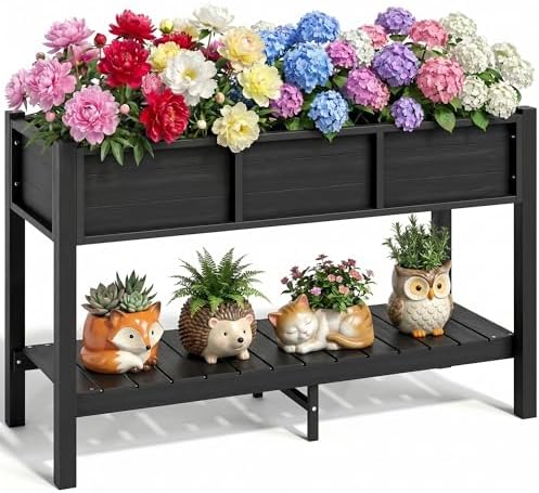 YITAHOME 48x18x30in Raised Garden Bed HDPE, Weather-Resistant Poly Lumber Planter Box with Legs & Storage Shelf, Elevated Garden Bed for Yard, Garden, Balcony - Black by YITAHOME