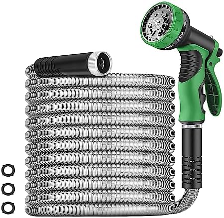 Metal Garden Hose 50FT, Stainless Steel 304 Heavy Duty Water Hose With 10 Function Nozzle, No-Tangle No-Kink, Tough Flexible, Durable and Lightweight, Rust Proof outdoor hose for Yard, Outdoor, RV by Unknown