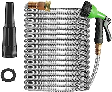 Metal Garden Hose 25ft Heavy Duty Stainless Steel Water Hose with 2 Nozzles for Yard, Outdoor - Flexible, Never Kink & Tangle, Puncture Resistant by TOONLUPAL