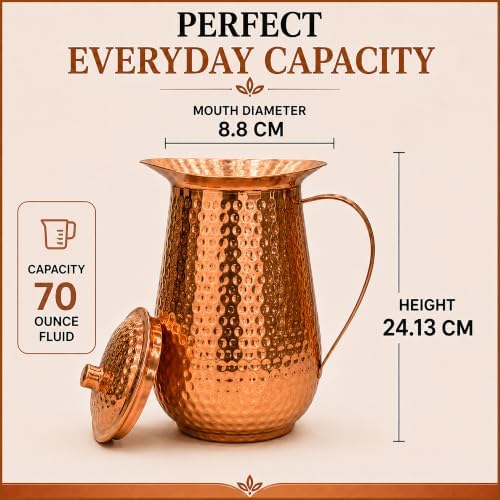 99.9% Pure Copper Water Pitcher with Lid, 70 Fl Oz (2L), Hammered Copper Jug with Ergonomic Copper Handle, No Inner Lining or Lacquer, Anti-Slip Base, for Home, Dining & Gifting - Image 3