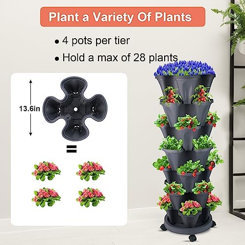DUNCHATY Stackable Planter, Vertical Garden Planter with Wheels and Tools, Self Watering Strawberry Planter Indoor/Outdoor 7 Tier Herb Planter Pots for Growing Vegetables and Succulents, Dark Gray - Image 3