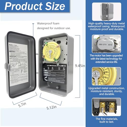 T104R Mechanical Timer Switch, 208–277 VAC 40 Amp,Pool Pump Switch, 24 Hour 12 ON/Off for Pump, Heavy Duty Pool Timers Outdoor, Timer for Pump Lights HVAC Systems, 5 Years Warranty - Image 2