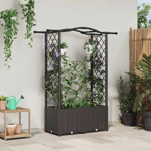 Raised Garden Bed with Trellis and Roof, Brown PP Planter Box - Image 2