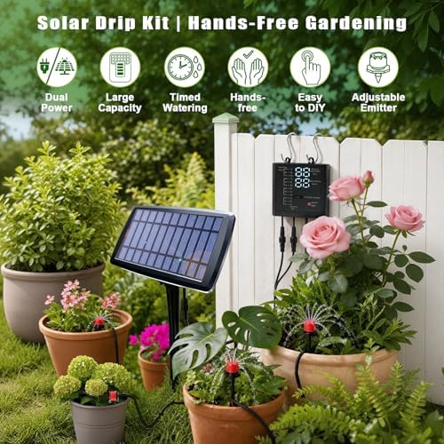 Vacation Plant Waterer, Solar Drip Irrigation System for 15 Pots with Auto Watering While Away on Trip or Business, 49FT Hose, Low Water Buzzer & Split Panel, for Garden Balcony Greenhouse - Image 2