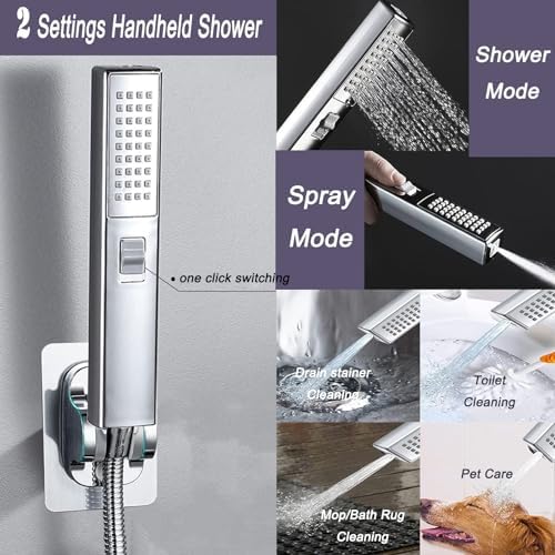 10" High Pressure Square Rainfall Shower Head and 2-in-1 Hand Shower, Equipped with 78"Hose,3 Way Diverter Valve, Adhesive Shower Head Holder (AWAXFOLO Chrome Square Shower Head Set) - Image 4