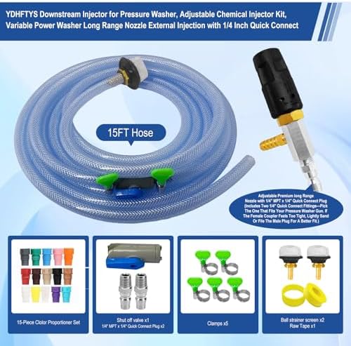 Adjustable Long Range Nozzle for Pressure Washer, Downstream Injection Spray Nozzle Kit 4–4.5 GPM, External Chemical Injector w/1/4" Quick Connect,15FT Hose,Shut-Off Valve & Filter,2500–4000 PSI. - Image 2