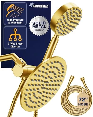 HammerHead Showers® Solid Metal Dual Shower Head Combo – BRUSHED GOLD – 8 Inch Rainfall High Flow Shower Head & Handheld Shower Head High Pressure with Hose 6ft - Hotel-Like Double Shower Heads by HammerHeadShowers