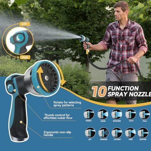 Non-Expandable Garden Hose 50 ft Kink Free Flexible Water Hose with 10-Pattern Spray Nozzle, 3/4" Brass Connectors,Leak Proof,Abrasion Resistant Hose for Lawn, Yard, Car Washing, and Outdoor Use - Image 6