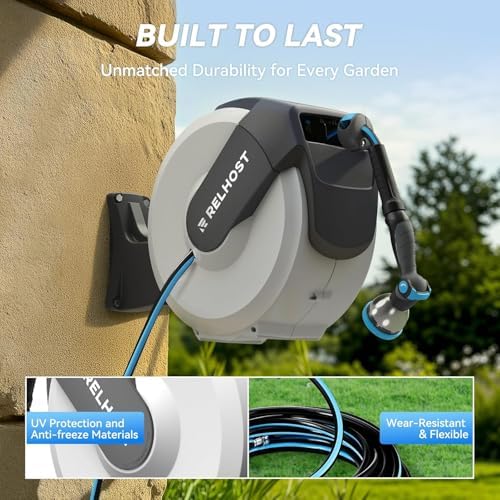 Retractable Garden Hose Reel, 1/2 in x 100 ft Wall Mount Heavy Duty Hose Reel with Any-Length Lock, Auto Rewind System, 180° Swivel Bracket, and 10-Pattern Nozzle for Garden, White & Grey - Image 2