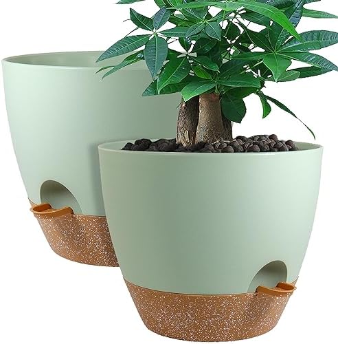 UOUZ 12inch 2Pack Large Self Watering Planters, Plastic Plant Pots with 60oZ Removable Deep Reservoir and Multi Mesh Drainage Holes for Indoor Outdoor Garden Plants and Flowers, Green with Brown by UOUZ
