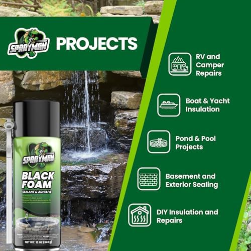 Sprayman Black Waterfall Foam Sealant - (24x12oz) Expanding Polyurethane Pond Foam Sealer, UV Resistant, Water Proof Spray for Landscape & Exterior, Straw Use, 24 Pack - Image 4