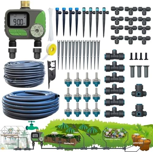 Drip Irrigation System with Water Timer(Dual System) Plug-in Quick Connection Drip Irrigation Kit 5/16“ID and 1/4 Inch Pipe Auto Watering System for Garden Spray, Greenhouse, Lawn, Potted Plants by Winbomgo