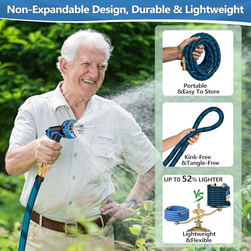 100FT Garden Hose, Lightweight Flexible Water Hose, 5/8" Kink Free Leak Proof Hose, Heavy Duty 96-Layer Woven with 3/4" Brass Fittings, 10 Function Nozzle for Yard Lawn Outdoor Car Wash(BlueBlack) - Image 3
