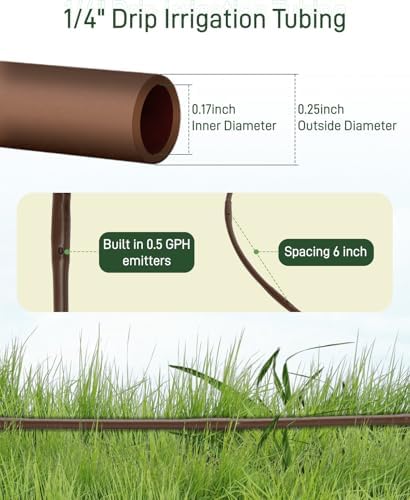 1/4" Drip Irrigation Tubing with 6" Emitter Spacing, (650 Ft Roll) Hydroponics Dripline with Built-in 0.5 GPH Dripper, Saving 80% Water, Drip Line for Garden Irrigation and Raised Beds (Brown) - Image 3