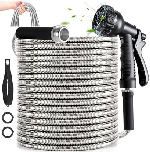 YXT&BEYOND 50 FT Garden Hose - 304 Stainless Steel Lightweight Water Hose w/ 10-Pattern Spray Nozzle - 360° Swivel Fittings, Flexible Metal Garden Hose for Yard Outdoor, Leak-Proof Kink Free by Unknown