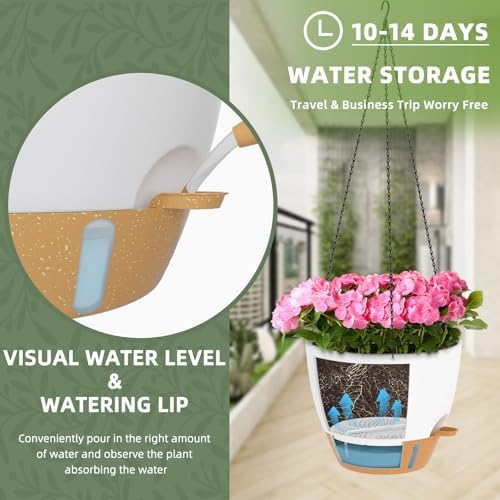 ZMTECH 12 Inch Hanging Planters for Indoor Outdoor Plants, 2 Pack Self Watering Hanging Plant Pots with Drainage Hole, Visual Reservoir, Plastic Flower Hanging Pots with Watering Lip (White) - Image 3