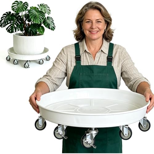 Rolling Planter Caddy(470lbs Capacity), Heavy Duty Metal Plant Stand with Brake Wheels Plant Dolly Mover Plant Pot Tray Saucer for Indoor Outdoor 18inches White by SKAFORZ