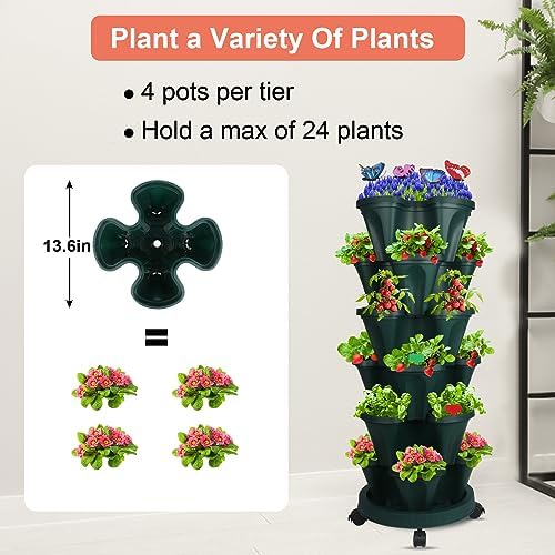 GameXcel Vertical Planter Tower - 6 Tier Stackable Garden Planters with Wheels and Garden Tool Set Plant Pots for Strawberry Herb Flower and Vegetable Indoor Outdoor Use Green - Image 7