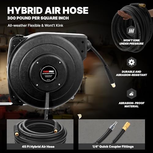 Retractable Air Hose Reel, 1/4 IN x 45 FT Hybrid Air Hose Max 300 PSI, Air compressor hose reel with 5 ft Lead in, Ceiling/Wall Mounted air hose reel,Heavy Duty air tool - Image 5