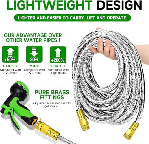 Outdoor Garden Hose 100ft Metal Stainless Steel Heavy Duty Kink Free 2 Nozzles 3/4 Brass Fittings Rust Proof For Lawn Rv Watering 100FT - Image 4
