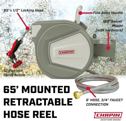 Chapin 5997 Garden Hose Reel, 65-feet Retractable, Wall Mounted Heavy-Duty Case, 180° Swivel Frame Mount, Automatic Retract, Locking Hose, 10 Position Metal Garden Hose Spray Nozzle - Image 2