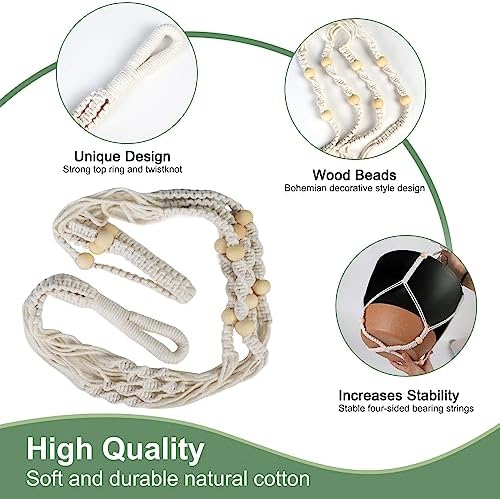 Vanslogreen 41.5 Inch Macrame Plant Hanger Indoor Outdoor with 12 Inch Flower Pot, Hanging Planter for Plants Holder with Wood Beads for Boho Home Decor (Ivory+Black) - Image 4