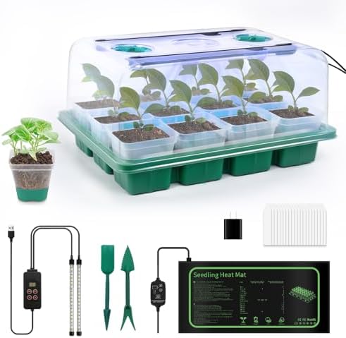 12 Cell Seed Starter Kit with Grow Light Heating Mat & Silicone Pots by Joyhalo