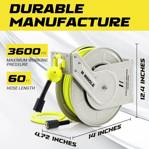 M MINGLE Retractable Pressure Washer Hose Reel, 1/4" × 60ft Power Washer Hose Reel, Auto Rewind Hose Reel, Wall/Floor Mounted, 3600 PSI - Image 2
