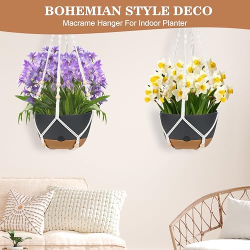 3 Pack Hanging Planters Set, 10inch Self-Watering Hanging Plant Pot, Macrame Plant Hanger with Pot, Chains, S & Ceiling Hooks, Removable Saucer and Drainage Holes for Indoor, Outdoor Plants - Black - Image 3
