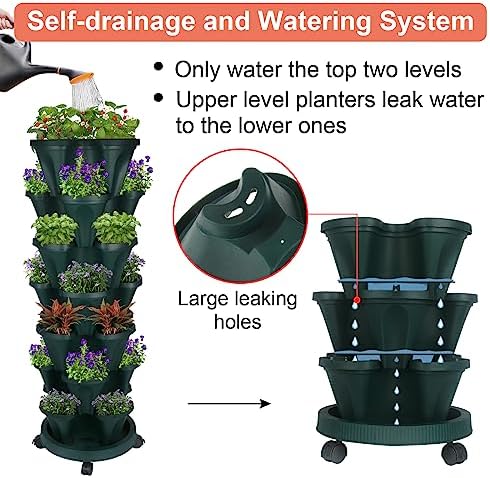 GameXcel Vertical Planter Tower - 7 Tier Stackable Garden Planters with Wheels and Tools Plant Pots for Strawberry Herb Flower and Vegetable Indoor Outdoor Use Green - Image 4