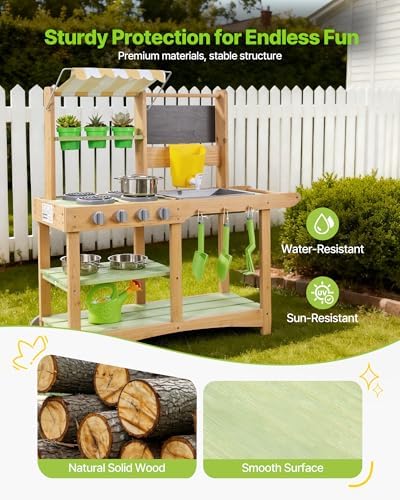 VEVOR Mud Kitchen, Outdoor Mud Kitchen for Kids, Wood Outdoor Play Kitchens with Spoons, Sink, Sunshade Canopy, Swivel Wheels, Cookware Pots and Accessories, Wooden Play Kitchens for Home, Lawn - Image 3